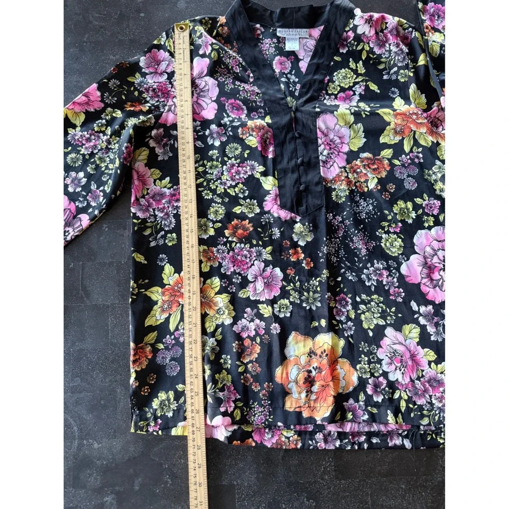 Morgan Taylor Large Silky Satin Black Floral Pajama Set PJ'S Fairy Garden Whimsy